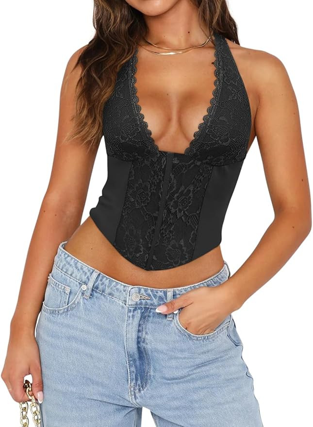 Women Sexy Lace Halter Neck Tank Top Sleeveless Backless Y2k Trendy Going Out Corset Crop Tops | Amazon (US)
