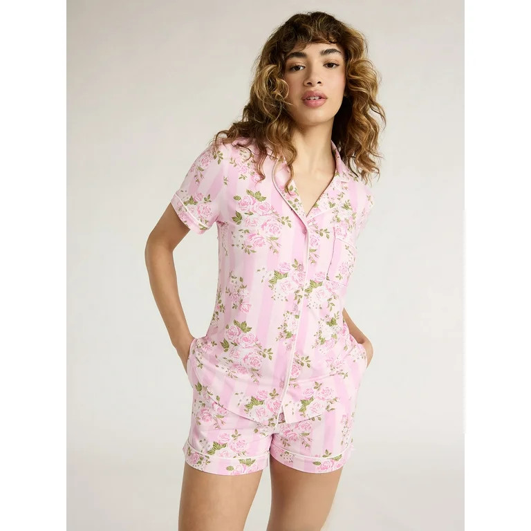 Joyspun Women's Bridal Notch Collar Top and Shorts Pajama Set, 2-Piece, Sizes XS to 3X | Walmart (US)