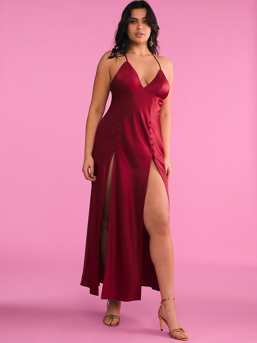 Buy Satin Plunge High-Leg Long Slip Dress, Red Lacquer - Order Slips online - Victoria's Secret U... | Victoria's Secret (US / CA )