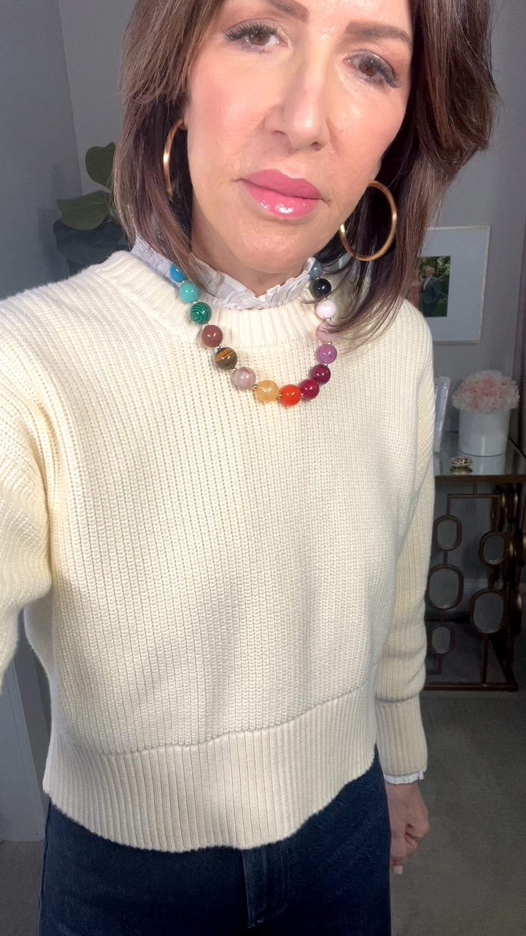 yellow sweater, white ruffle neck top, colorful beaded necklace, spring outfit, over 50 outfits 

#LTKSeasonal #LTKOver40 #LTKgrwm