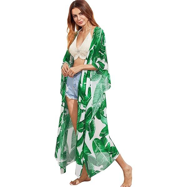 SweatyRocks Women's Flowy Kimono Cardigan Open Front Maxi Dress Loose Beach Coverups Swimsuit Cov... | Amazon (US)