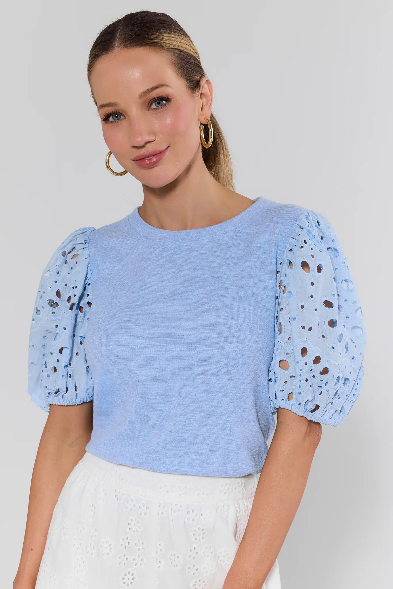 Lila Blue Embroidered Puff Sleeve Top | Avara