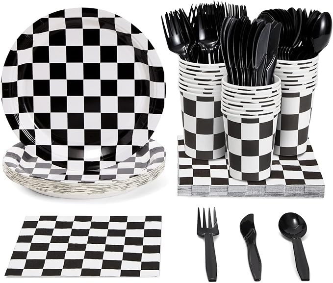 Juvale 144 Piece Race Car Birthday Party Supplies with Checkered Flag Plates, Napkins, Cups, and ... | Amazon (US)
