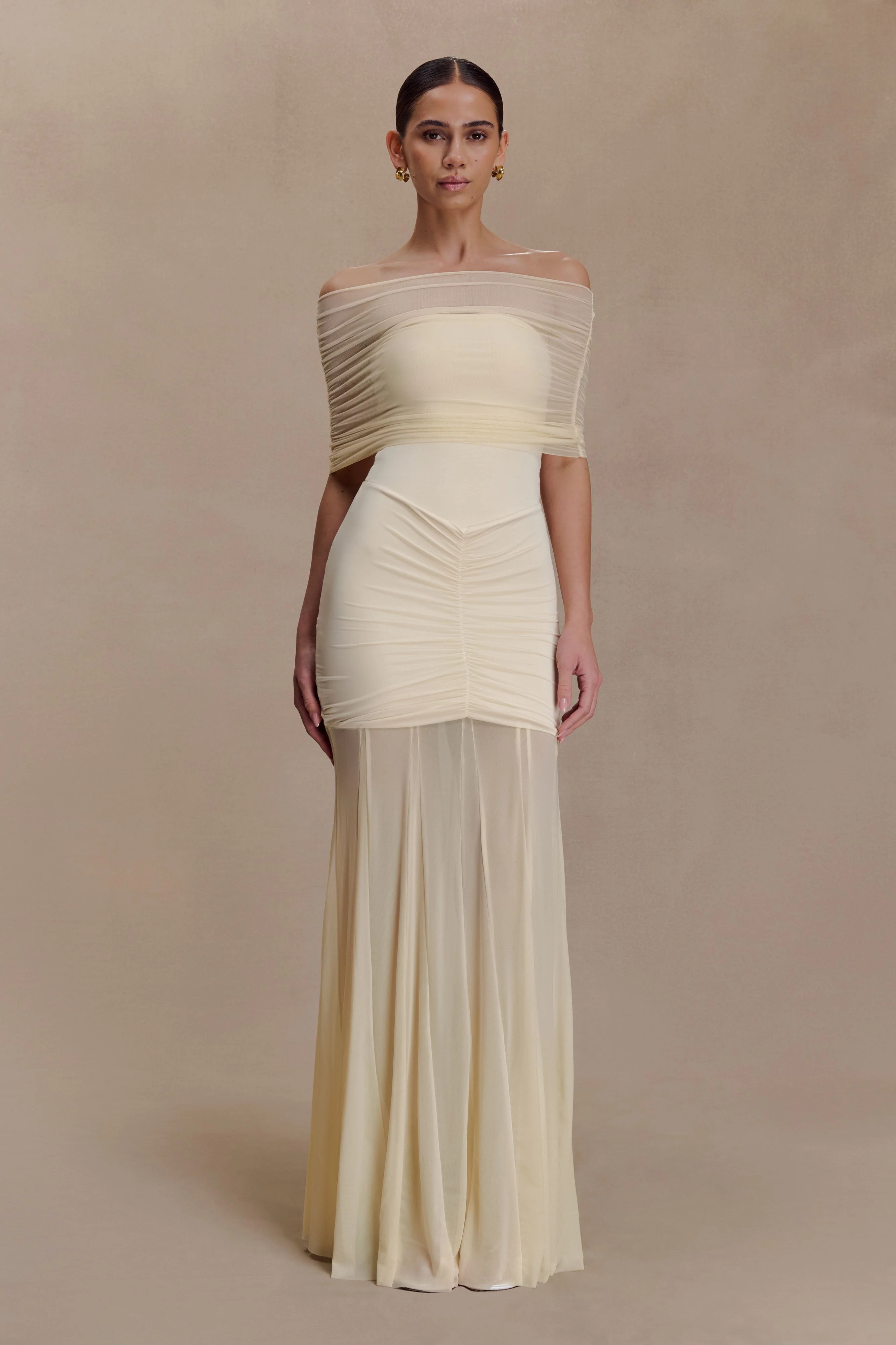Caspian Slinky And Mesh Off Shoulder Maxi Dress - Ivory | MESHKI US