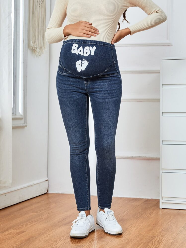 Maternity Footprint & Letter Graphic Skinny Jeans | SHEIN