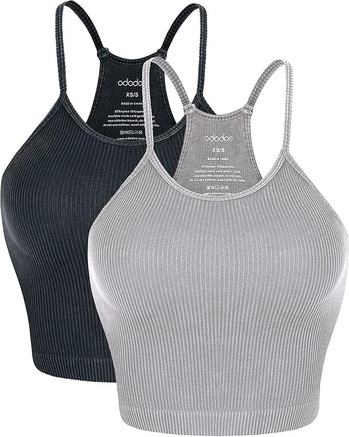 ODODOS Women's Crop 3-Pack Washed Seamless Rib-Knit Camisole Crop Tank Tops | Amazon (US)