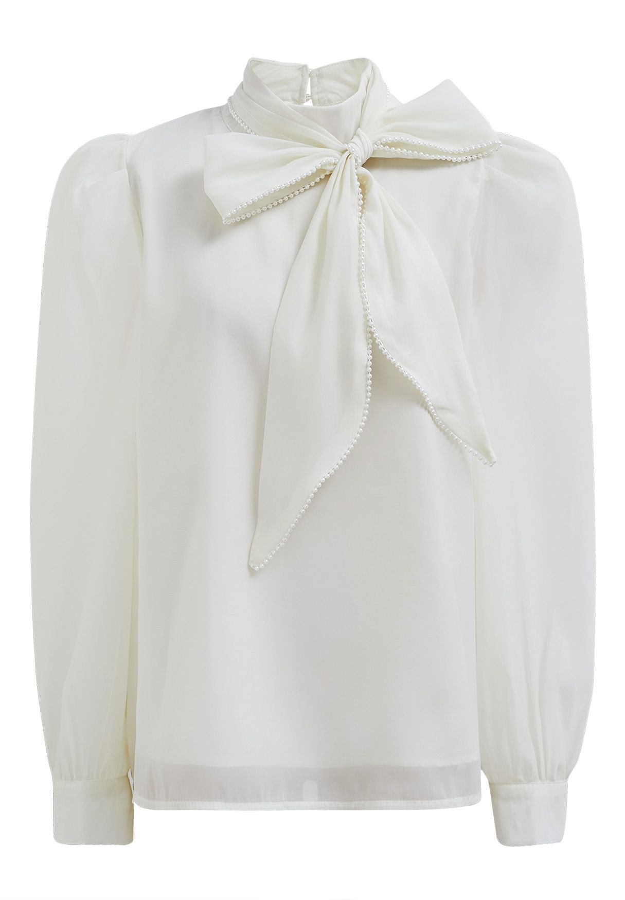 Pearly Bowknot Puff Sleeve Shirt in Cream | Chicwish
