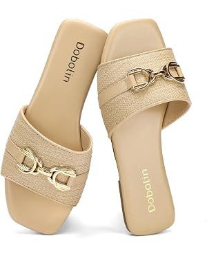 Women's Raffia Flat Sandals Wide Width Slip On Slides Open Square Toe Woven Sandals with Metal Ho... | Amazon (US)