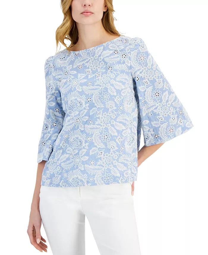 Women's Embroidered Eyelet Boat-Neck Bell-Sleeve Top | Macy's