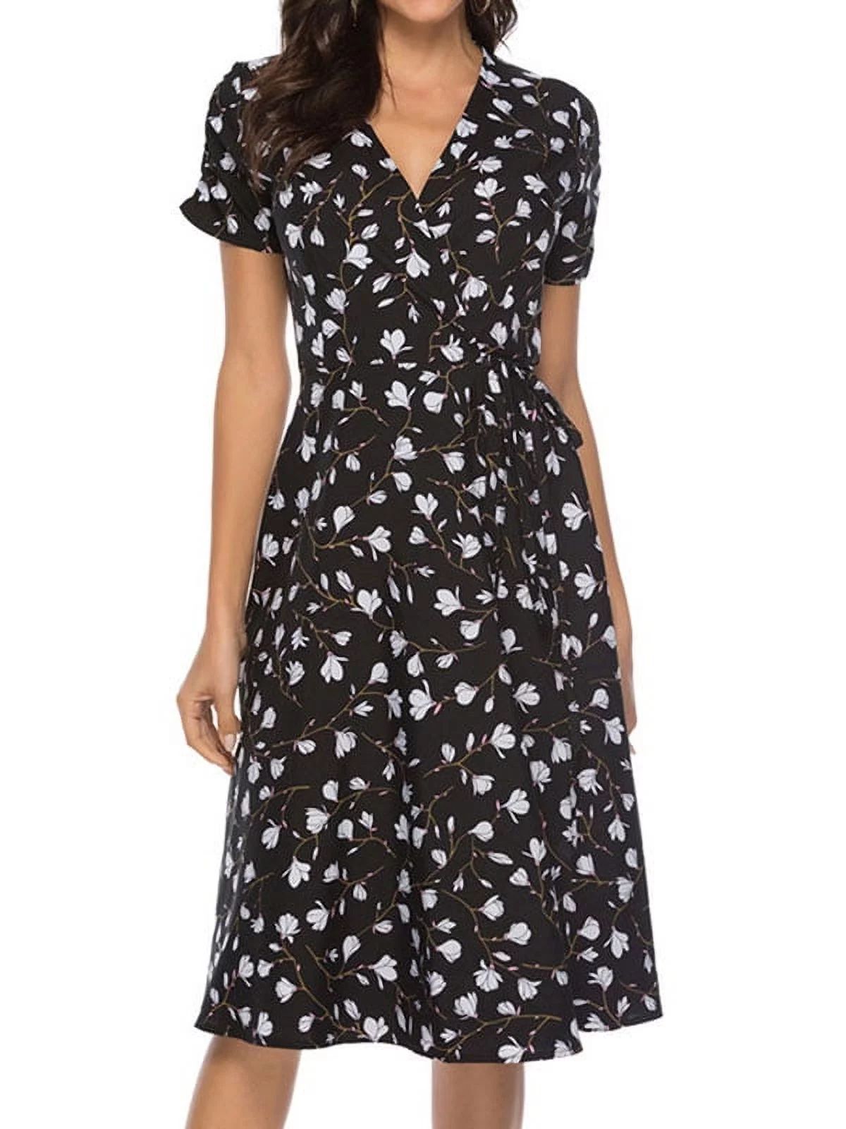 Nlife Women's V Neck Short Sleeve Floral Print Bohemian Pleated Midi Dress - Walmart.com | Walmart (US)