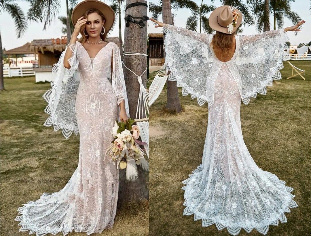 Vintage Boho Lace Wedding Dress Sexy Mermaid Bat Sleeve V Neck Open Back Unique Wedding Gown, Elo... | Etsy (US)