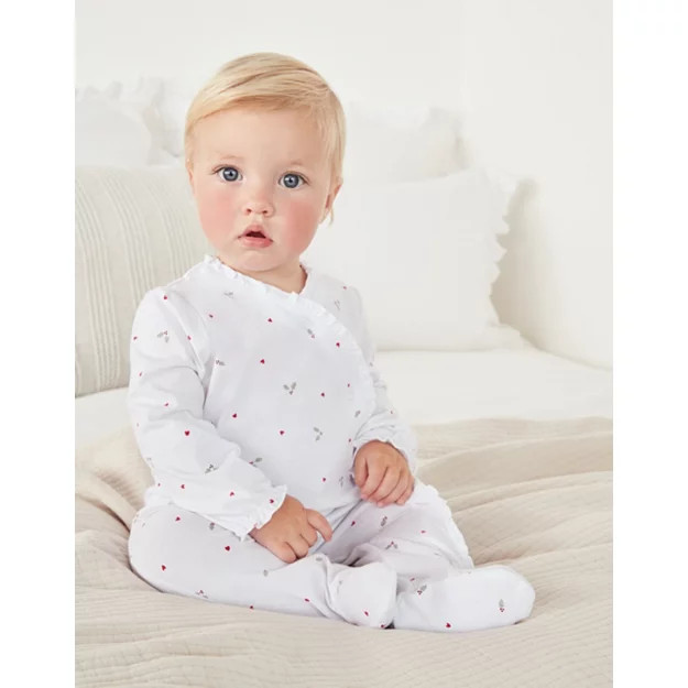 Organic Cotton Hearts & Holly Frill Wrap Sleepsuit | The White Company (UK)