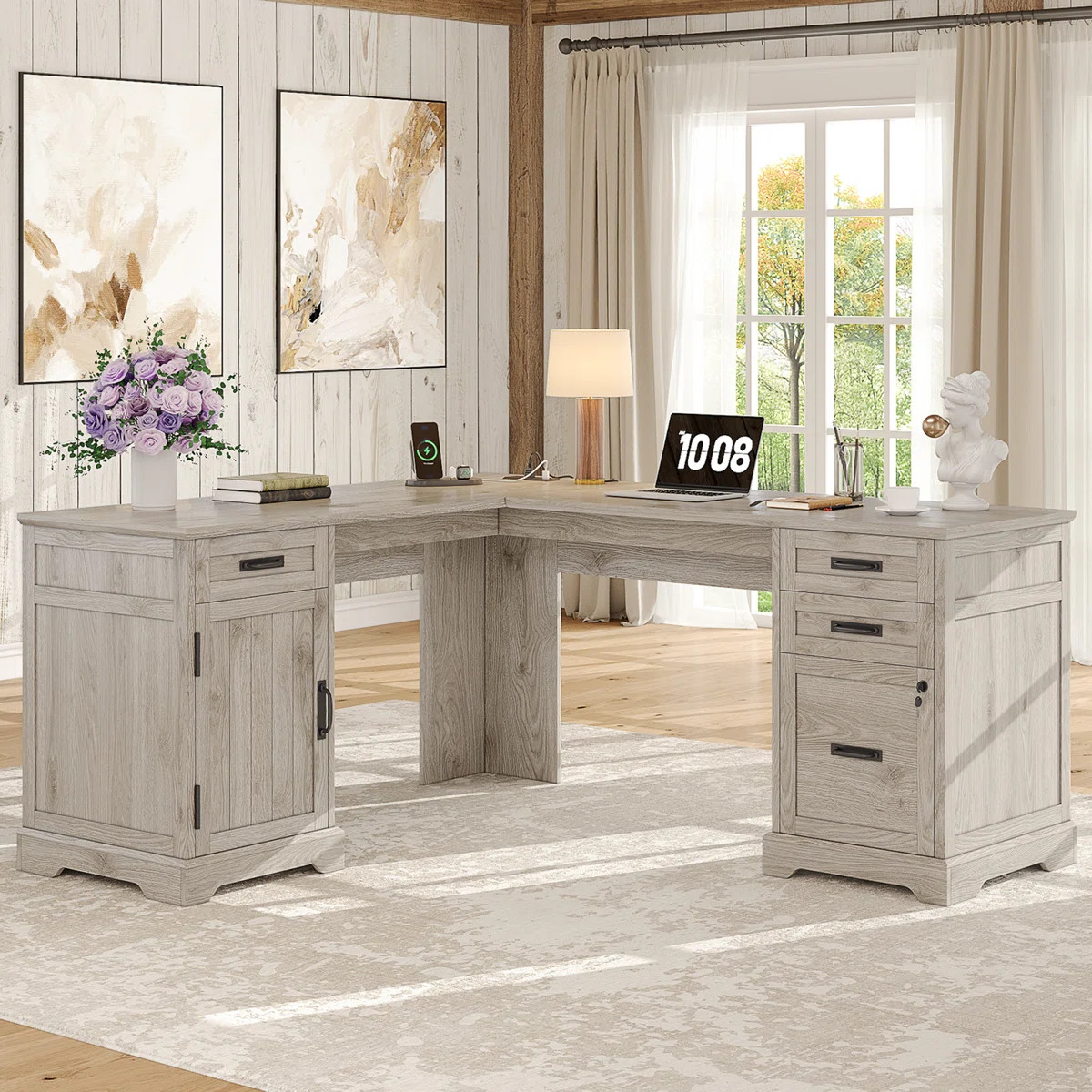 67'' Farmhouse L Shaped Desk with Drawers, Home office Corner Computer Desk with File Storage and... | Wayfair North America