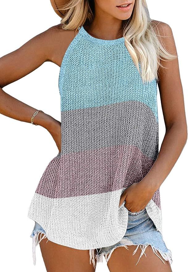 Zecilbo Women's Summer Scoop Neck Knit Cami Tank Tops Loose Sleeveless Blouse Shirts | Amazon (US)