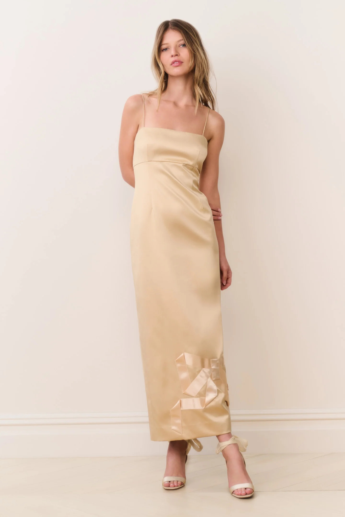 Calise Satin Bow Detail Midi Dress | LoveShackFancy