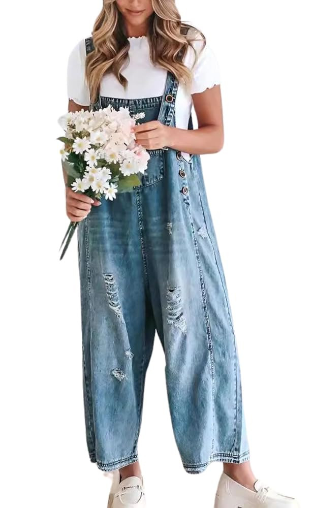 chouyatou Women Loose Adjustable Strap Denim Bib Overall Jeans Distressed Wide Leg Baggy Overalls... | Amazon (US)