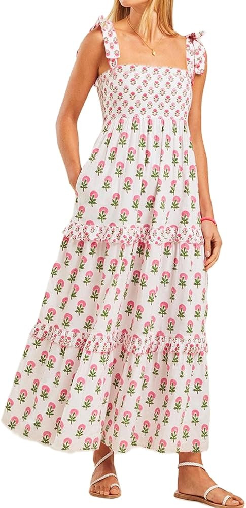 Women Summer Boho Tie Shoulder Dress Y2k Floral Smocked Flowy Long Dress Ruffle Tiered Beach Voca... | Amazon (US)