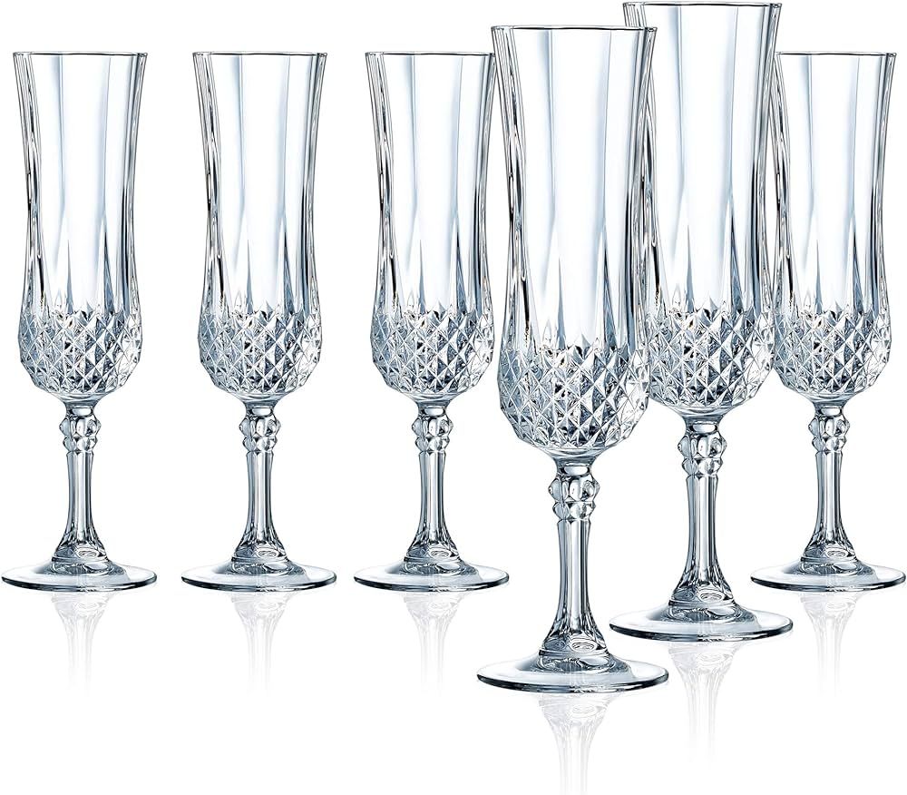 Cristal D'Arques Longchamp 4.5 Ounce Champagne Flute Glass, Set of 6, 6 Count (Pack of 1), Clear | Amazon (US)
