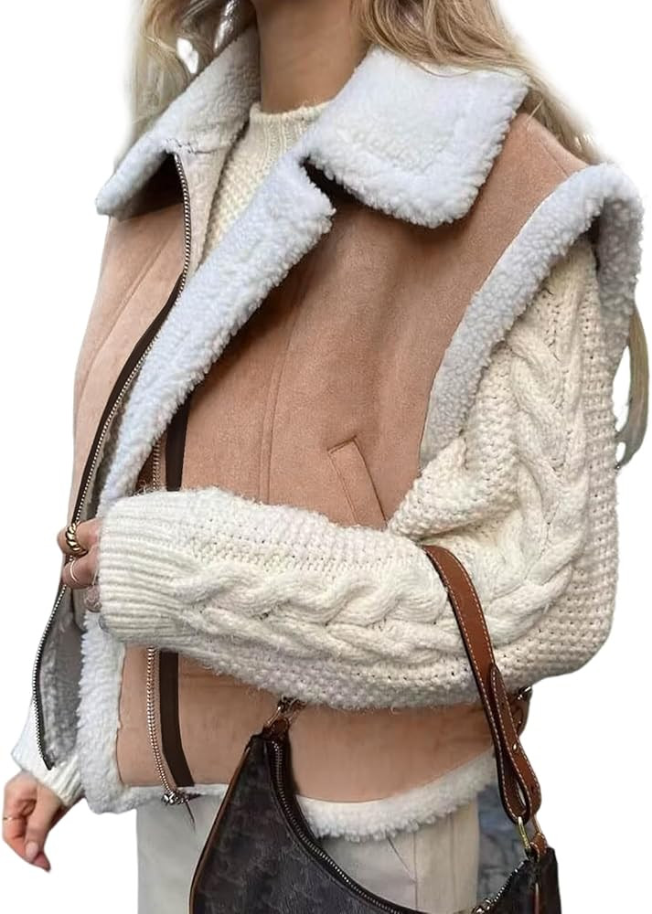 PAODIKUAI Women's Outerwear Vests Sherpa Fleece Jacket Cropped Vest Zip Up Faux Leather Sleeveles... | Amazon (US)