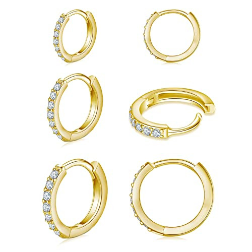 925 Sterling Silver Post Small Hoop Earrings Cubic Zirconia Huggie 14K Gold Plated Hoop Earrings,3 Pairs Cartilage Piercing Earrings Ear Cuff Tiny Hoop Earrings for Women Men 8mm 10mm 12mm | Amazon (US)
