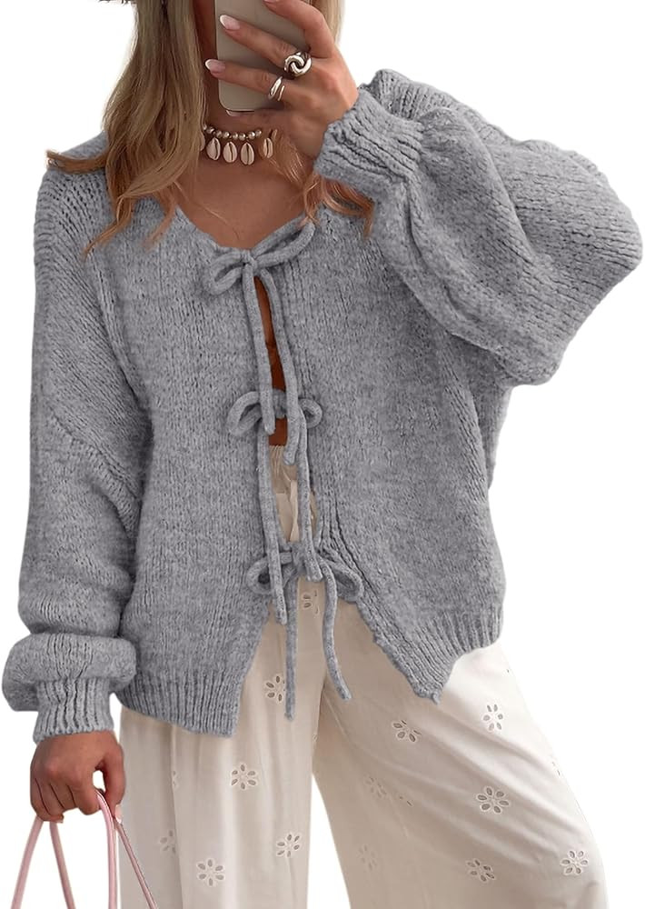 PRETTYGARDEN Women's Tie Front Bow Cardigan Sweaters Chunky Knit Long Puff Sleeve Trendy Fall Win... | Amazon (US)