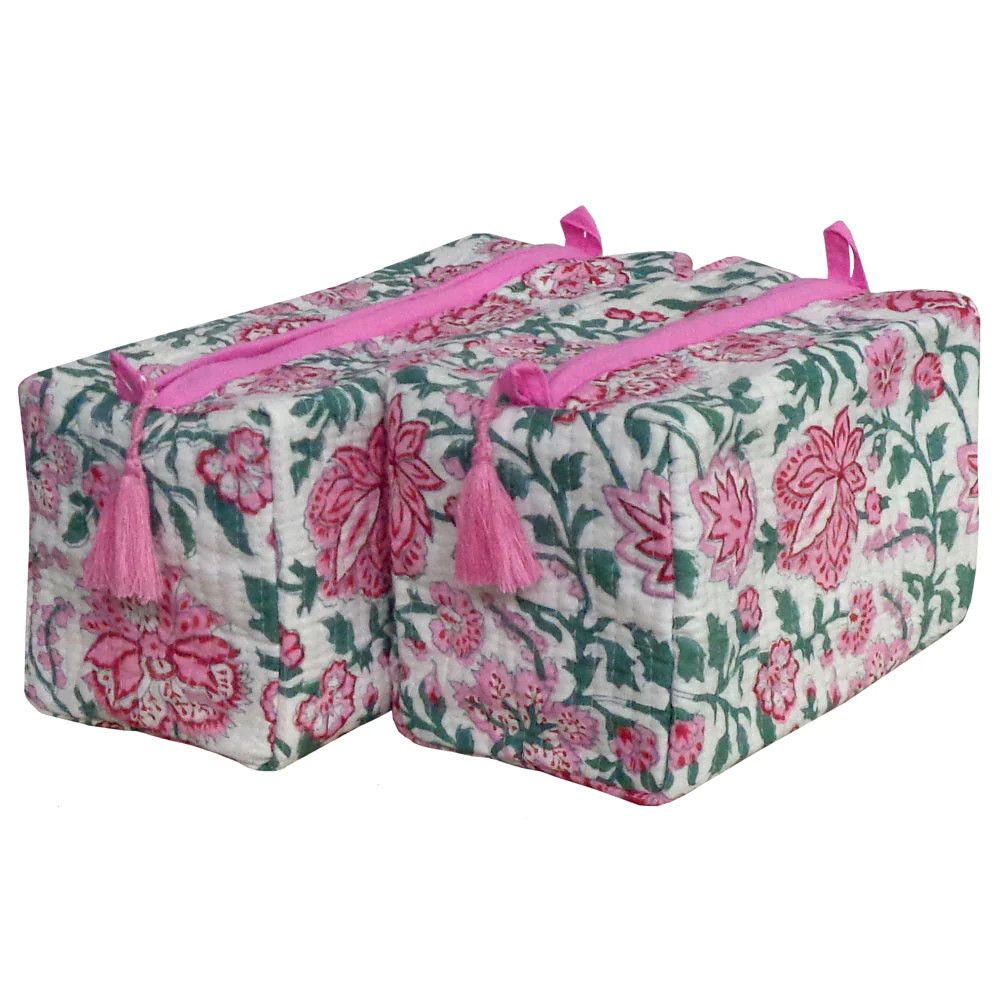 Block Print Cosmetic Bags - Pink/Green Floral (Set of 2) | Sea Marie Designs