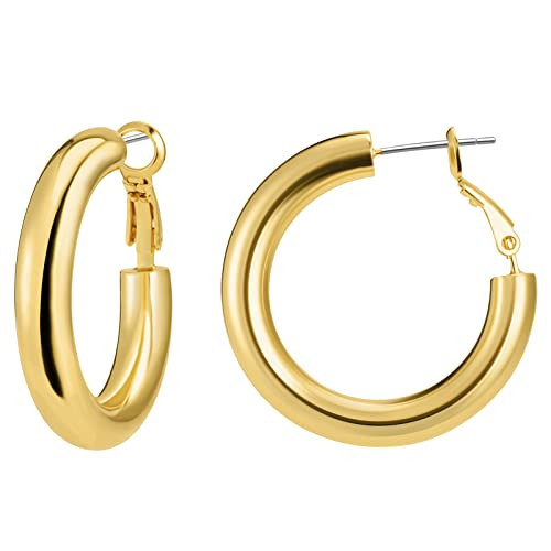 Thick Gold Hoop Earrings for Women, 18K Real Gold Plated 925 Sterling Silver Post Small Chunky Hoops Earrings, Hypoallergenic Big Large Statement Tube Design Earring Gift 30mm | Amazon (US)