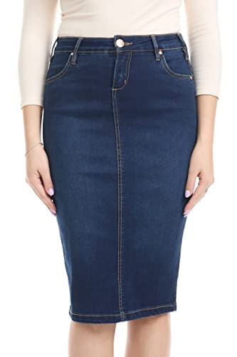 ESTEEZ Women's Knee Length Denim Jean Pencil Skirt with Pockets - Tummy Control, Modest, Long Denim Skirt for Women, Trendy 'Miami' (EX802146 Blue 14) | Amazon (US)