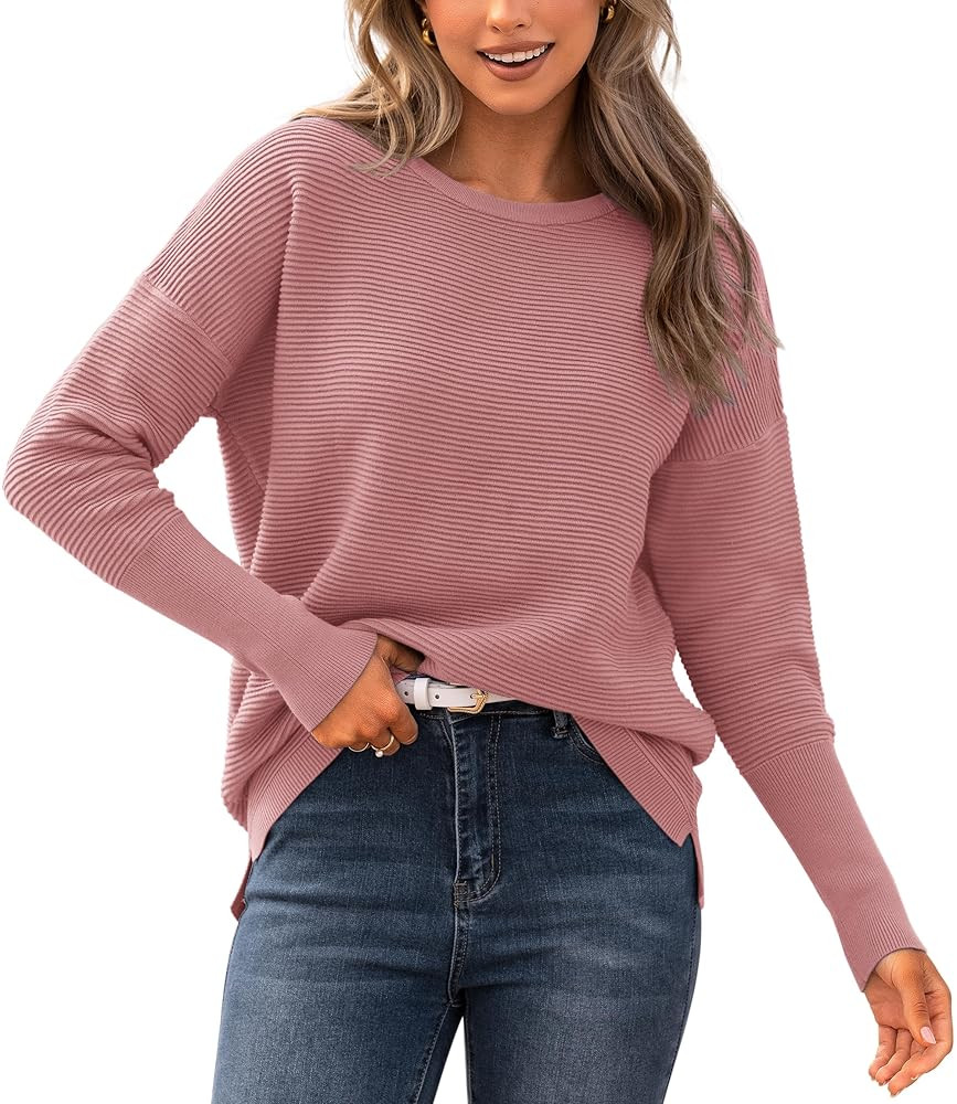BTFBM Fall Sweaters for Women 2025 Casual Long Sleeve Sweater Striped Loose Fit Pullover Tops | Amazon (US)