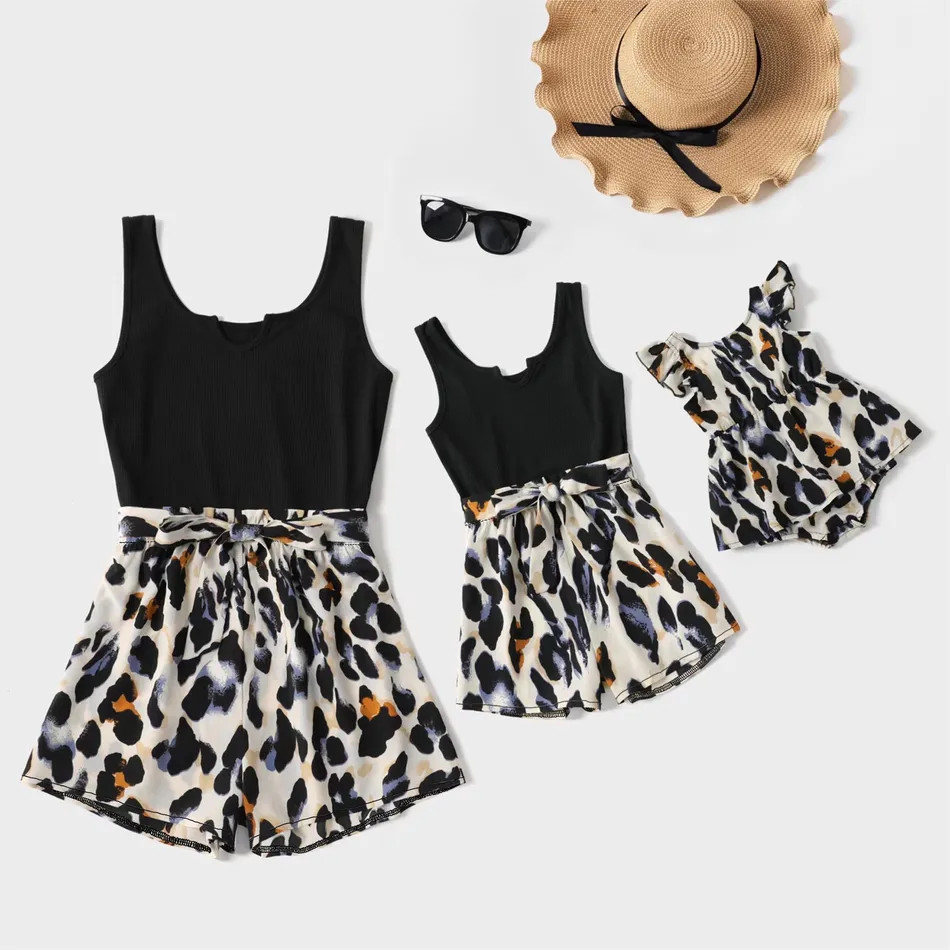 Black Ribbed U Neck Sleeveless Belted Splicing Leopard Romper for Mom and Me | PatPat