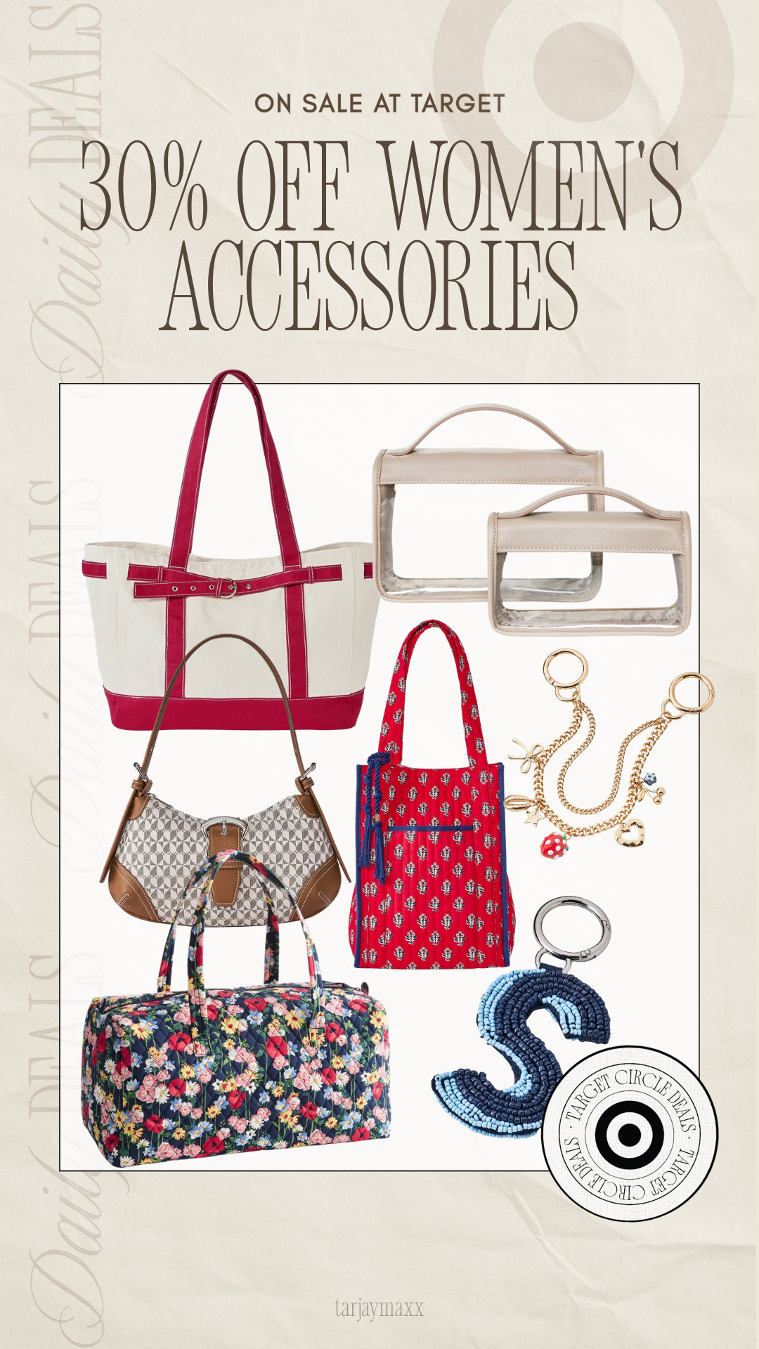 One of my favorite Target deals going on! Women's accessories are 30% off, including the viral canvas tote everyone has been carrying lately (boatkin doooop)

wedding guest dress summer, summer outfits, summer dresses, country concert outfits, date night outfits, plus size fashion, business casual workwear, vacation outfits beach, work outfits, travel outfits, target finds, target deal, target circle week, target circle, women's accessories, target accessories, handbags, tote bag, canvas tote, viral canvas tote, travel bag, weekend bag, stadium bag, summer accessories, purse finds, target style, target fashion, target haul, target shopping, affordable fashion, summer style, vacation essentials, travel essentials, everyday bag, tote bag trend, accessory finds, target must haves, fashion finds, on sale now, target deals
 

 #LTKgrwm #LTKootd #LTKSeasonal
