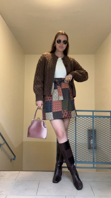 new sezane fall / winter arrivals, heather brown ANDINA CARDIGAN, chunky cardigan, LEANDRA SKIRT Dama Patchwork, Short wrap skirt in jacquard, mini skirt, pink, blue, green, asos Monki vegan knee high boot in brown checkerboard print, comfy shoes, booties, Amazon, gold jewelry from Amazon (hoop earrings, rings), rayban round sunglasses, white long sleeve bodysuit, pink top handle bag / purse

#LTKfindsunder50 #LTKstyletip #LTKfindsunder100