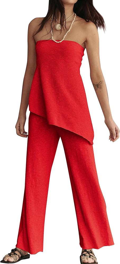 2 Piece Sets for Women Tube Tops and Pants Lounge Sweater Sets Summer Beach Travel Vacation Outfi... | Amazon (US)
