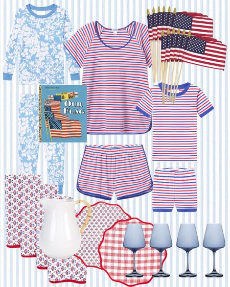 4th of July Favorites!  4th of July pajamas, kids pajamas, family pajamas, blue wine glasses, glassware, bamboo pitcher, grandmillennial, block print napkins, tablecloth, floral, American flags, flags, bunting, 4th of July books 

#LTKfamily #LTKkids
