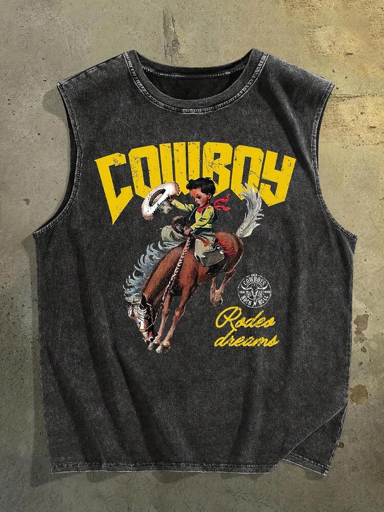 Western Cowboy Print New Men's Premium Printed 230G Heavy Pure Cotton Washed And Aged Waistcoat Sleeveless Vest Men's T-Shirt, Summer Casual T-Shirt Casual T-Shirt | SHEIN