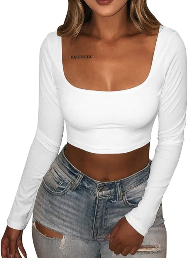 XXTAXN Women's Sexy Bodycon Fitted Square Neck Long Sleeve Basic T-Shirt Crop Top | Amazon (US)