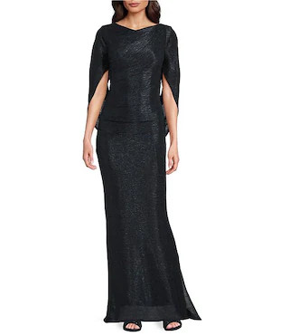 Drape Back Detail 3/4 Cape Sleeve Draped Round Neck Metallic Crinkle Ruched Sheath Gown | Dillard's
