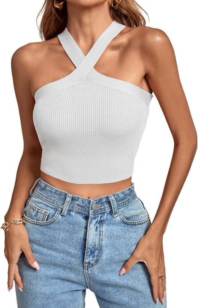 Umenlele Women's Criss Cross Halter Crop Top Sleeveless Ribbed Knit Cami Tank Tops | Amazon (US)