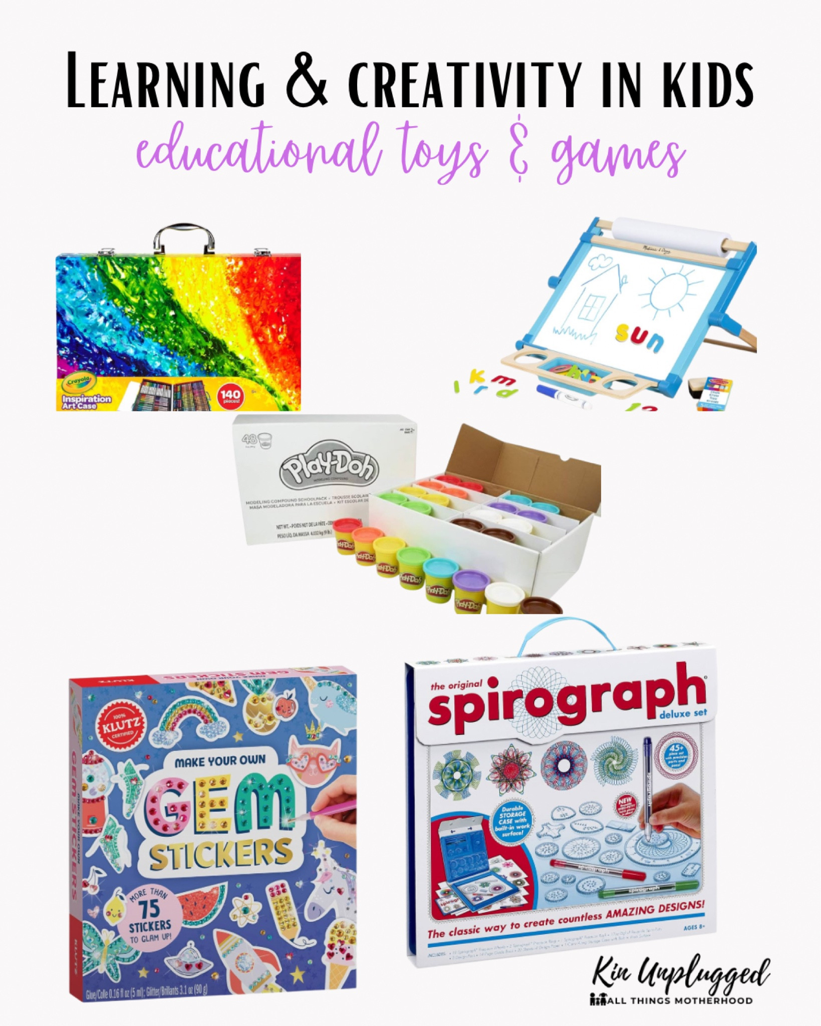 Unleash your child’s artistic side with our curated collection of art and creativity toys. These sets provide endless opportunities for imaginative play and artistic expression.

	•	Crayola Inspiration Art Case: A portable art studio packed with crayons, markers, and more.
	•	Melissa & Doug Easel and Art Supplies: Double-sided easel with all the essentials for creative fun.
	•	Spirograph Deluxe Design Set: Create beautiful geometric designs with this classic tool.
	•	Play-Doh Modeling Compound: Sculpt and shape endless creations with this timeless modeling clay.
	•	Klutz Make Your Own Kits: Craft unique projects with easy-to-follow kits.

#CreativeKids #ArtToys #ImaginativePlay #KidsCrafts #ArtisticExpression #CreativePlay

#LTKkids #LTKGiftGuide