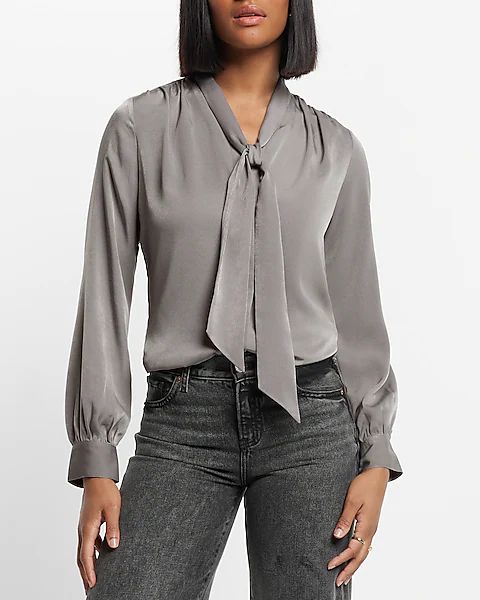 Satin Long Sleeve Tie Neck Relaxed Portofino Shirt | Express