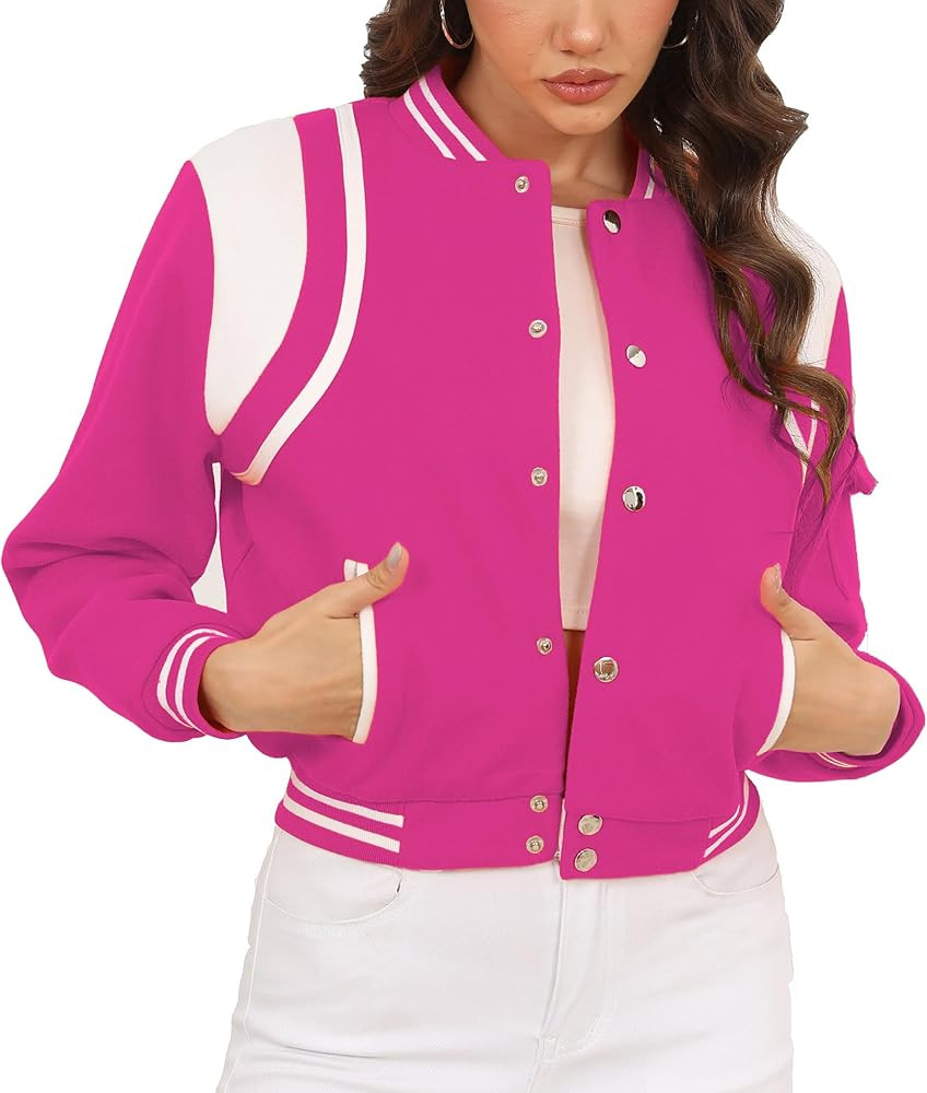 Fooullaide Womens Cropped Varsity Jacket Letterman Bomber Shacket Long Sleeve Button Down Basebal... | Amazon (US)