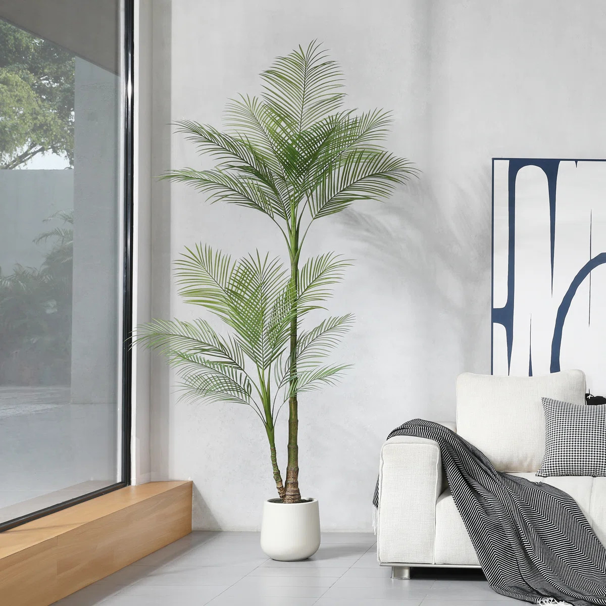 Primrue Adcock Faux Palm Plants with Oval White Planter, Pre Potted Fake Greenry Palm Tree for Ho... | Wayfair North America