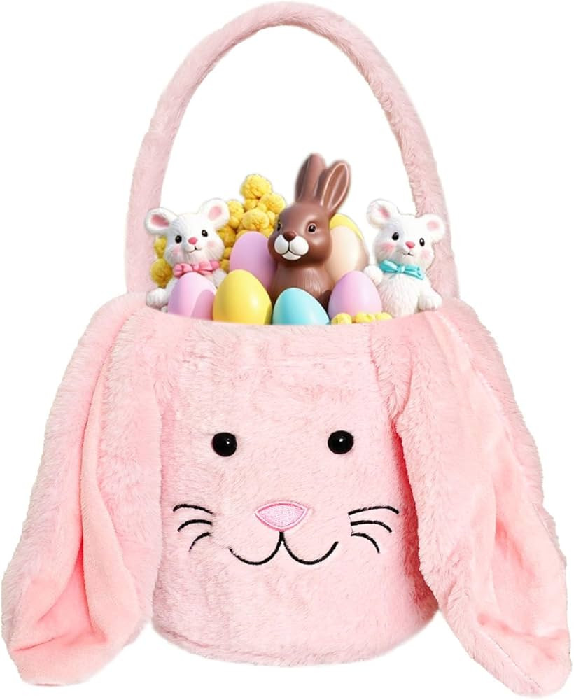 Easter Bunny Basket for Kids, Fluffy Easter Egg Hunt Bag Soft Fabric, Cute Rabbit Tote Bags with ... | Amazon (US)