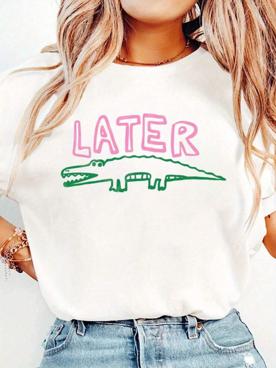 LocalWomen's Funny Later Gator T-Shirt - Sarcastic "Later" Crocodile Graphic Tee In White & Pink ... | SHEIN