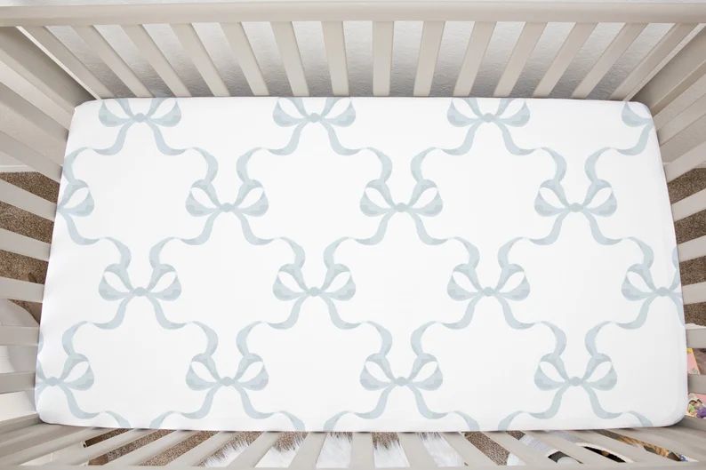 Crib Sheet in Blue Bows Grandmillenial Nursery Decor Baby Newborn Toddler Bedding Gender Neutral ... | Etsy (US)