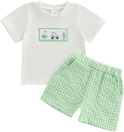 Baby Boy Summer Outfits Short Sleeve O Neck Golf Embroidery Tops and Plaid Shorts Toddler 2Pcs Cl... | Amazon (US)