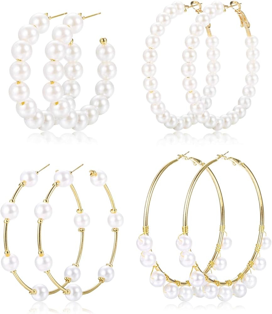 Florideco 4 Pairs Faux Pearl Hoop Earrings for Women Lightweight Open Large Circle Round Beaded E... | Amazon (US)