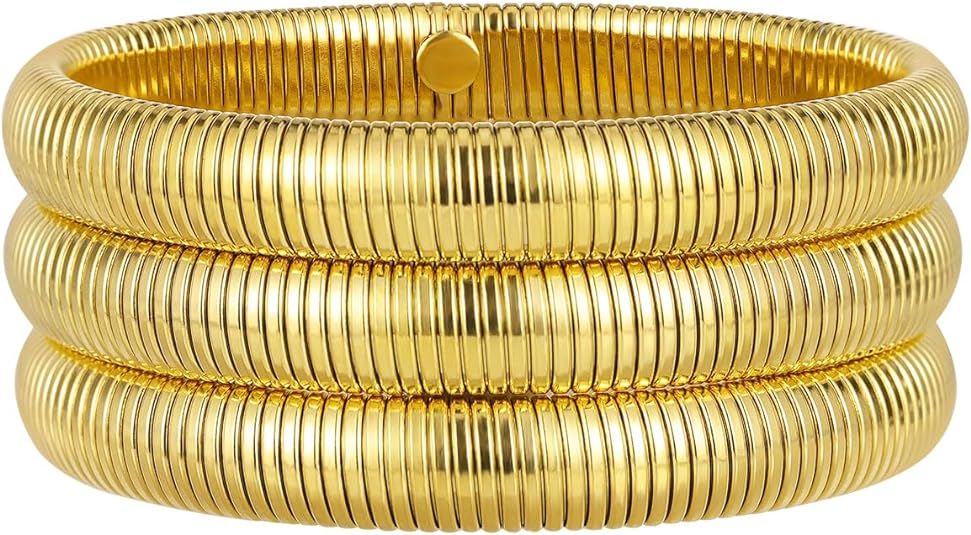 Gold Bangle Bracelet Set for Women 3Pcs, 18K Gold Plated Chunky Titanium Non Tarnish Stretch Brac... | Amazon (US)