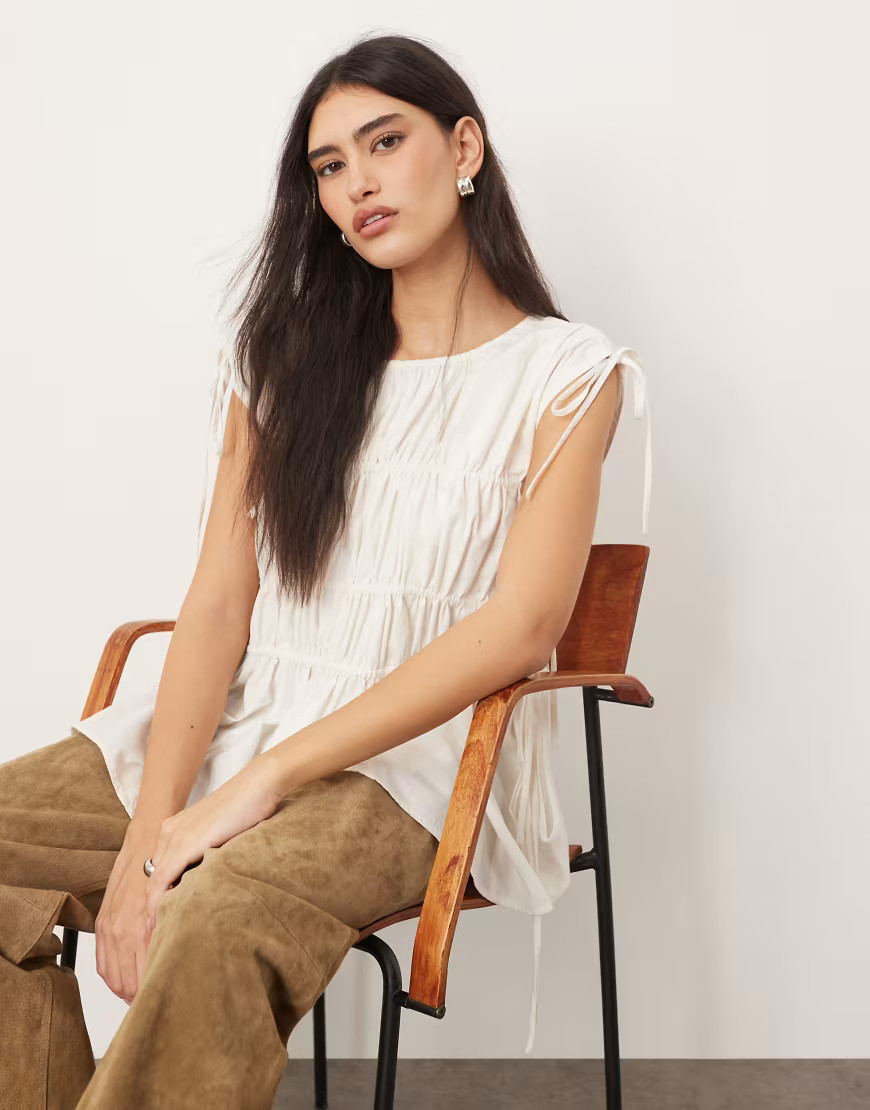 ARRANGE clean cotton ruched top with drawstring detail in white-Multi | ASOS (Global)