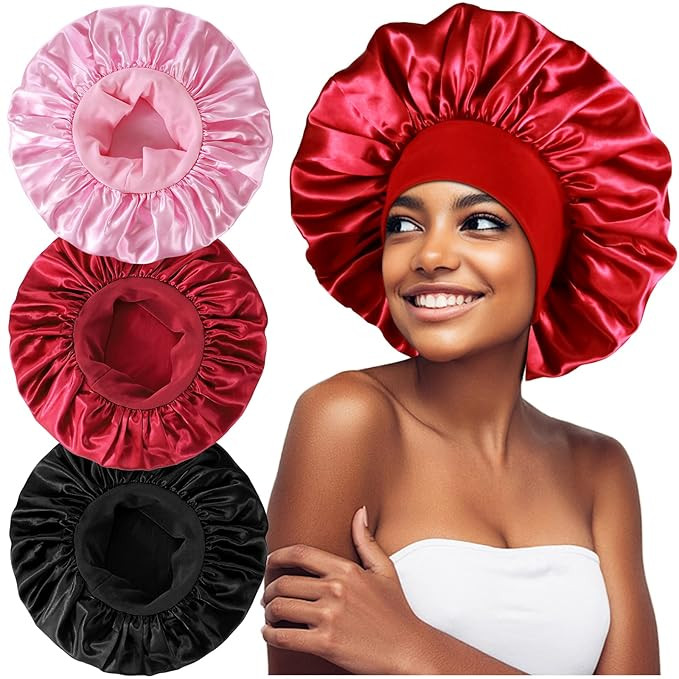 3PCS Extra Large Satin Bonnets for Sleeping, Hair Bonnets for Black Women Braids Curly Hair, A | Amazon (US)